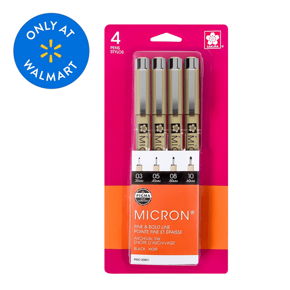Sakura Pigma Micron Fineliner Drawing Pen Set, Archival Black Ink, 4 Micron Pens Tip Sizes 03, 05, 08, 10