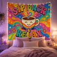 thumbnail image 2 of Smiling Coffee Cup Beneath Rainbow Steam and Swirls, Cozy Psychedelic for Cafe Decor Fans, Beverage Wall Art, Housewarming Gift, Tapestry Wall Hanging for Kitchen and Studio, 2 of 7