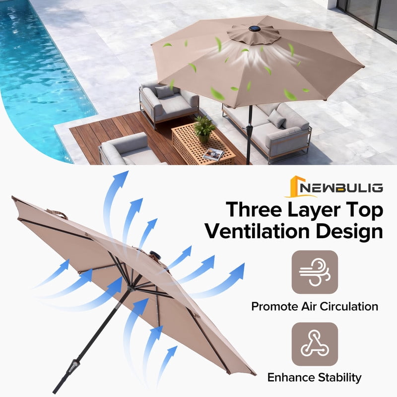 Gianna 10 ft Patio Umbrella for Table, Outdoor Sun Umbrella with 32 LED Solar Lights, Khaki