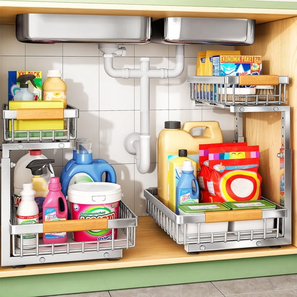 Under Sink Organizer, Stainless Steel 2 Packs 2 Tier Under Sink Organizers and Storage, Slide out Pull out Cabinet Shelf, Sliding Drawer for Kitchen