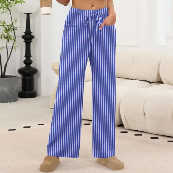 Guieoi Womens Pants Plus Size Woman's Solid-color Striped Stretched-waist Straight-leg Trousers and Pajies White L