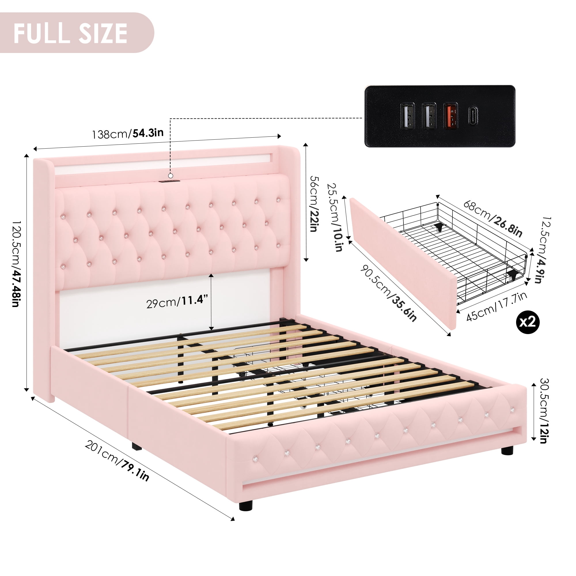 Homfa Full Size LED Bed Frame with 2 Storage Drawers & Charge