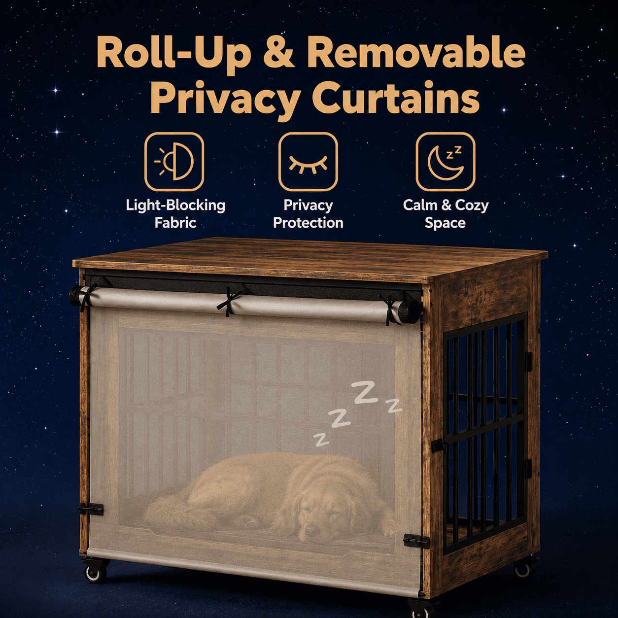 Aukfa 38.6-Inch Large Dog Crate Furniture, Indoor Dog Kennel Decorative Pet Cage End Table, Lift-Up Door, Curtain & Wheels,Rustic Brown