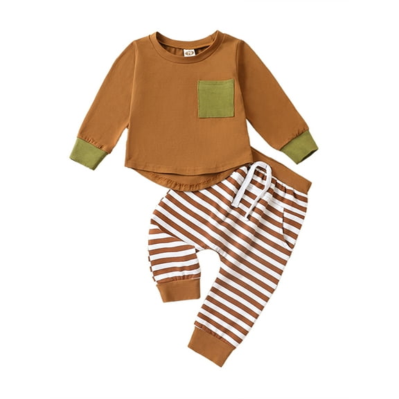 Bagilaanoe 2pcs Toddler Baby Boys Long Pants Set Contrast Color Long Sleeve T-Shirts Tops   Stripe Trousers 6M 12M 18M 24M 3T 4T Kids Casual Outfits