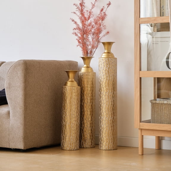 Metal Decorative Vases Set of 3, High Distress Gold Vases with Vine Pattern, 34"/29"/25" Tall Antique Floor Vases for Living Room Entryway Home Decor