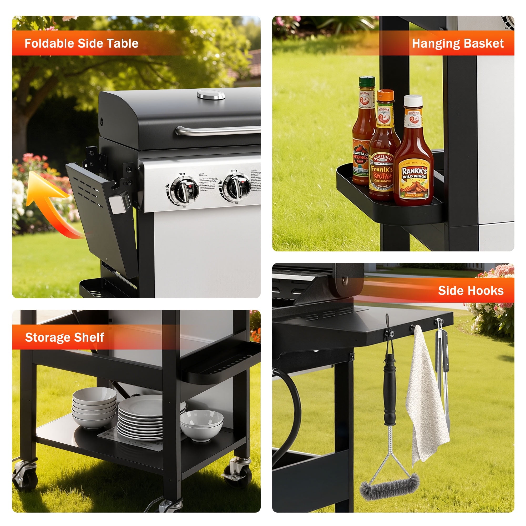BBQ Grill, Seizeen 30,000 BTU 3-Burner Gas Grill Portable, Backyard Camping Propane Grill with  Daul Zone, Foldable Table, Hanging Basket, Steel Brush, Universal Wheels