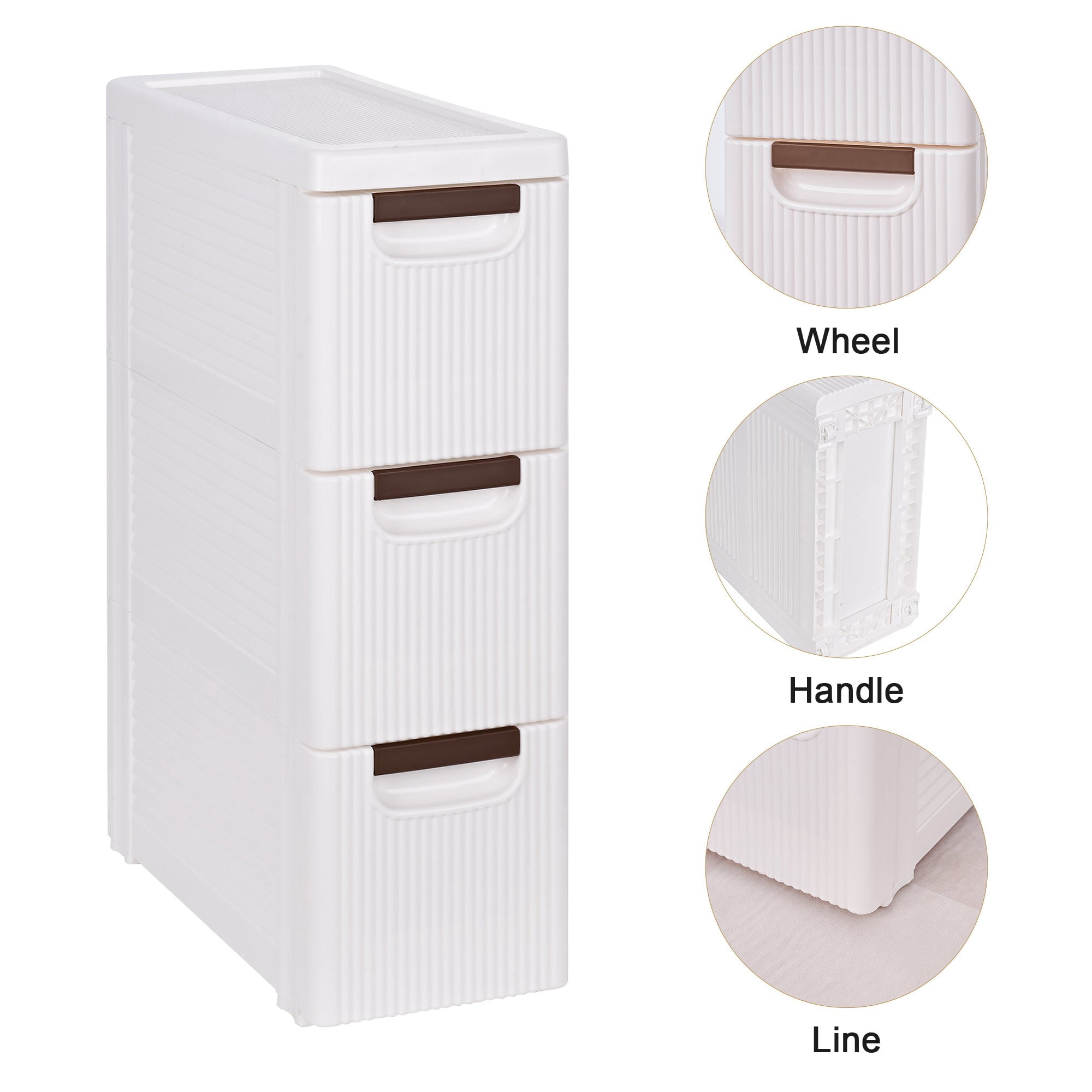 VECELO 3 Drawers Small Bathroom Stackable Storage Cabinet Floor Side Cabinet, Freestanding Moveable Plastic Narrow Lim Corner Slide Out Drawer Storage, For Bedroom Kitchen, White
