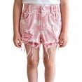 thumbnail image 2 of Girls Ripped Frayed Denim Shorts, Elastic Waist Cute Heart Pattern Jean Shorts for Casual Outings and Playdates Pink 100, 2 of 9