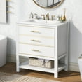 thumbnail image 3 of 30-inch Modern White Bathroom Vanity with Sink, Open Storage, Two Drawers, Gold Handles, Wood and MDF, Easy Assembly, 3 of 5
