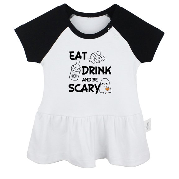 Eat Drink And Be Scary Funny Dresses For Baby, Newborn Babies Skirts, Infant Princess Dress, 0-24M Kids Graphic Clothes (Black Raglan Dresses, 18-24 Months)