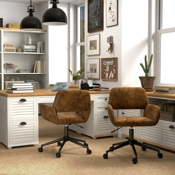 Homy Casa Set of 2 Ergonomic Swivel Accent Chair, Adjustable Height Brown Faux Suede for Office and Lounge
