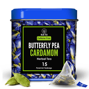 BLUE TEA - Butterfly Pea Flower Cardamom Herbal Tea - 15 Pyramid Tea Bags | DETOX TEA | Natural Food Coloring, Iced Tea, Cocktails , Mocktails - Caffeine free - Premium Tin Pack