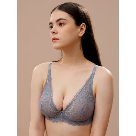 

Deyllo Women s Sexy Lace Bra Non-Padded Underwire See Through Unlined Bra Mesh Sheer Plunge Low Cut Bralettes， Gray 32B