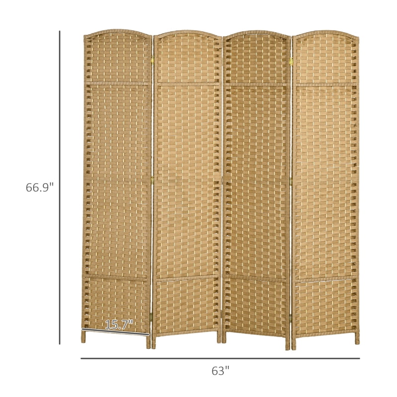 Alvantor 4-Panel Folding Privacy Screen with Hand-Woven PP Panels, Freestanding Room Divider 63"x0.6"x66.9"Nature Wood