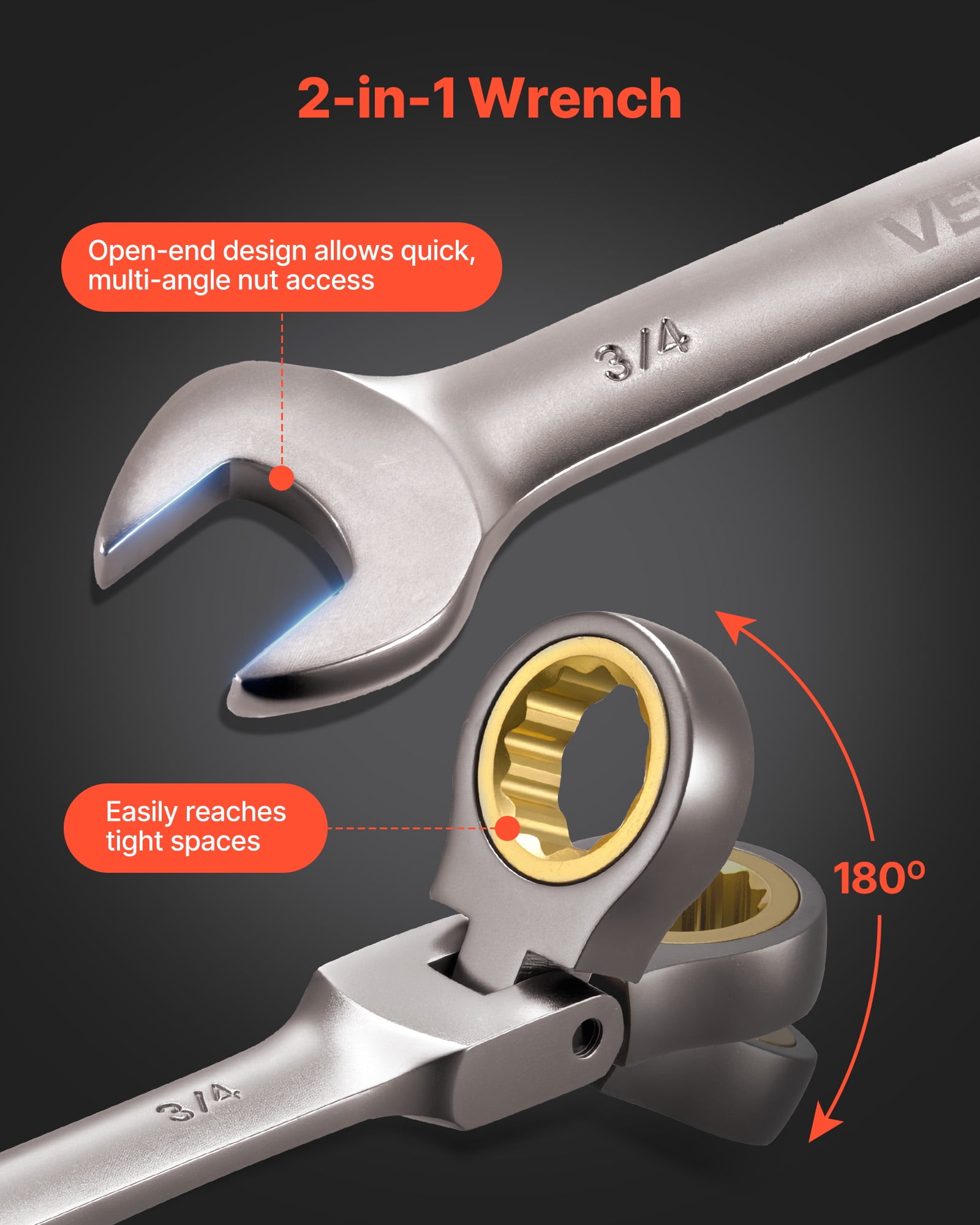 VEVOR Flex-Head Ratcheting Wrench Set, 12-Piece SAE Sizes, 72 Teeth, Cr-V Steel Ratchet Flexible Combination Wrench Set with Roll Up Pouch, for General Household and Automotive Repairs, Gray Nickel