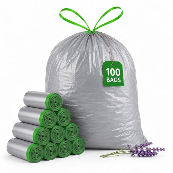 13 Gallon Trash Bags Size, 100 Count Tall Kitchen Garbage Bags, Lavender Scented Gray Drawstring, High Density Heavy Duty for Home Office Garage