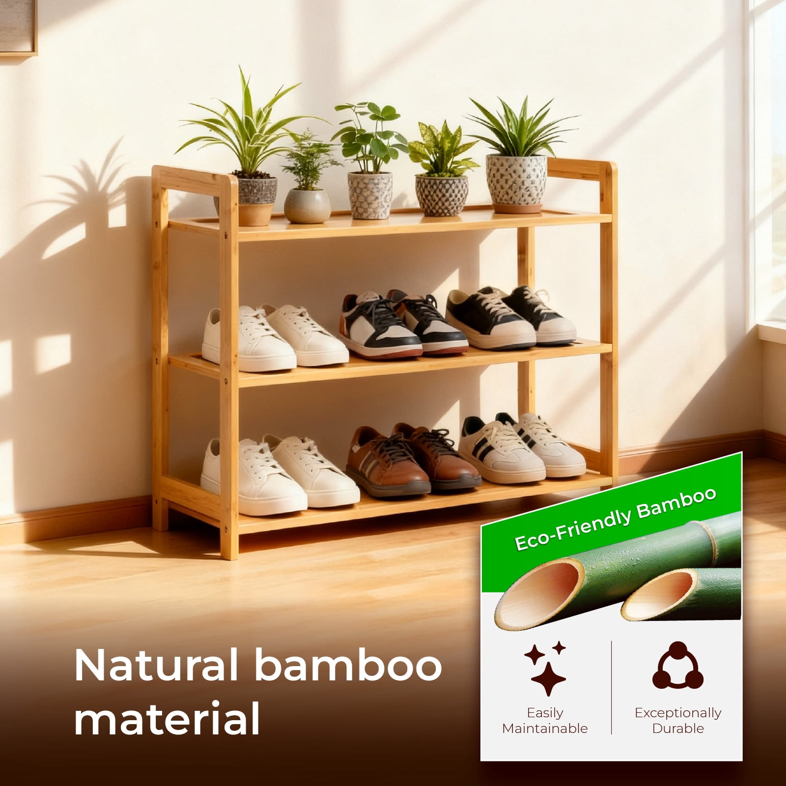Minimalist 3 Tier Natural Bamboo Shoe Rack Eco Friendly Open Shelf Design Space Saving for Entryway Closet Hallway