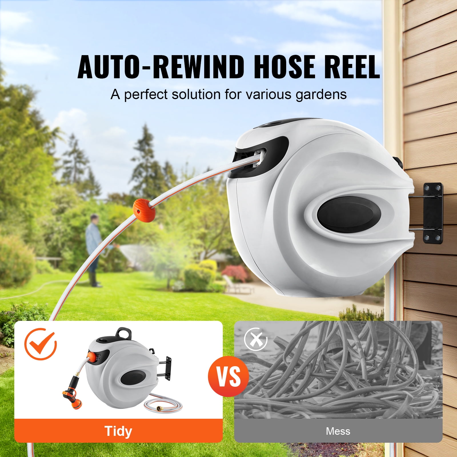 KFFKFF Hose Storage Solution, 100ft x 1/2inch, Wall-Attachable 180° Pivot Bracket, Lawn Water Hose Reel Featuring 9-Setting Spray Nozzle, Auto-Retract, Customizable Length Lock