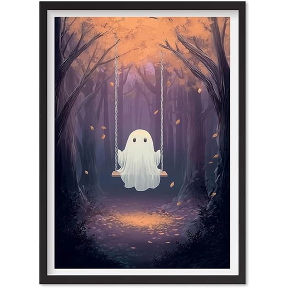Vintage Cute Ghost Swing Painting, Ghost Art Print, Ghost Canvas Print, Gothic Art Print, Spooky Poster Print, Creepy Halloween Wall Decor