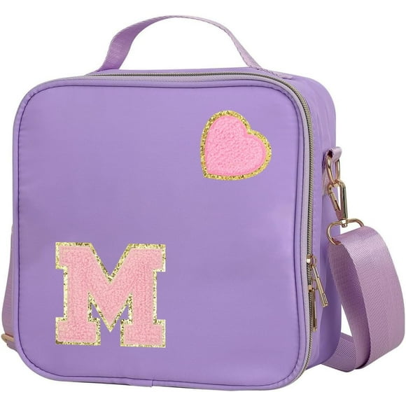 shiyou-Insulated Nylon Lunch Box for Girls, Kids, and Women-Stylish Purple Preppy Large Lunch Bag with Adjustable Strap (Letter M), Tote for School, Travel, and Picnics-Ideal Preppy Stuff Choice