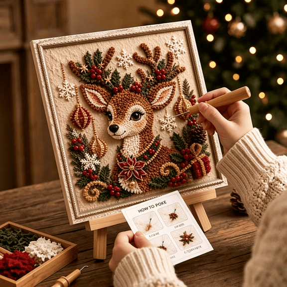 Christmas Fabric Poke Art Kit 3D For Adults Beginners,DIY No Sew Holiday Craft Kit Handmade Fabric Art,Home Decor Vintage Christmas Decoration Gift Style-G