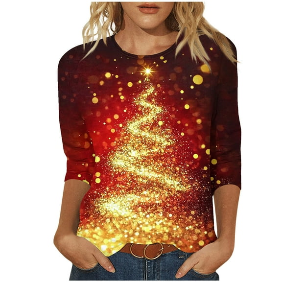 Fall Fashion Must Haves Women's Christmas Tree Print 3/4 Sleeve Round Neck Casual Tops Tees Tshirts Shirts Blouse for Holiday Party Women Fall Clothes