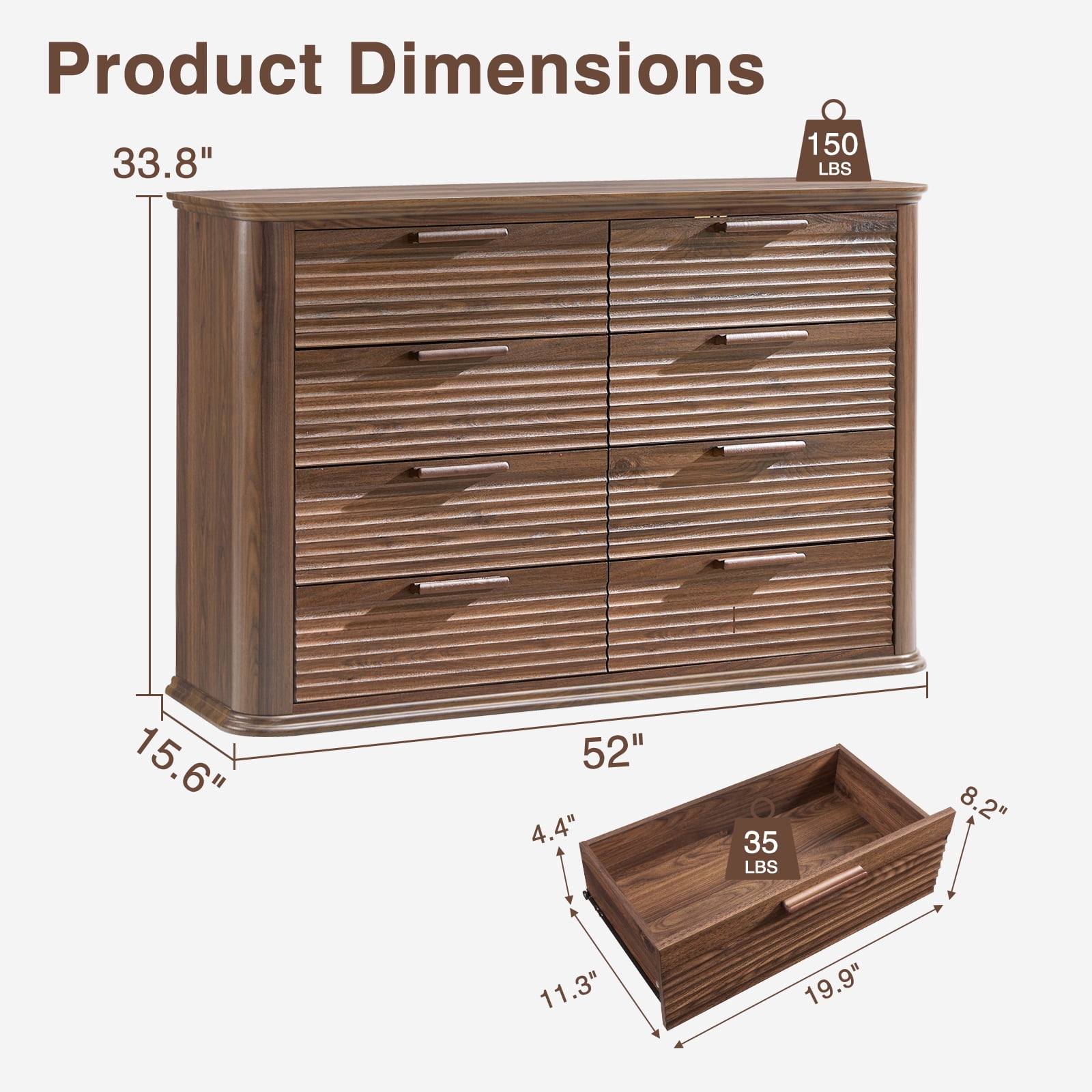 Hommoo Modern Wood Fluted 8 Drawer Dresser, 52" Wide Dresser Chest of Drawers with Curved Profile Design, Multifuctional Storage Organizer for Home, Walnut