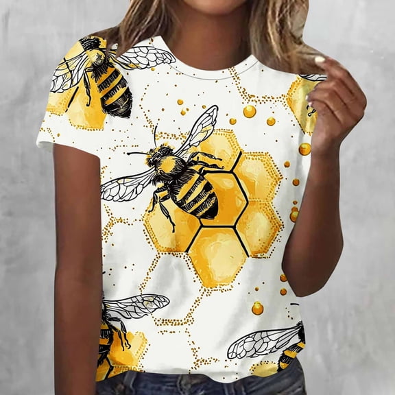 Xdegoge Casual Crewneck Short Sleeve T Shirts for Women Everyday Wear Loose Fit Sunflower Honey Bee Graphic Print Lightweight Breathable Spring Summer Basic Tops