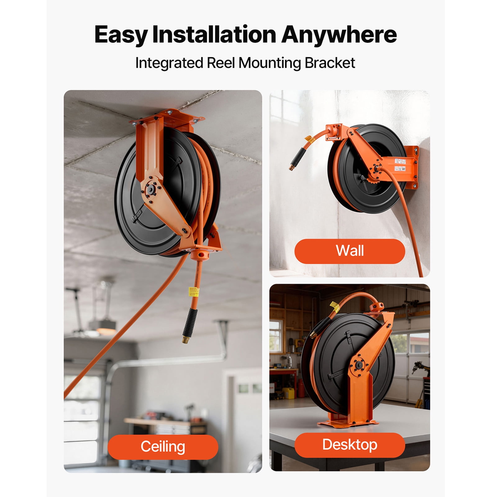 KFFKFF Retractable Air Hose Reel, 1/2 Inch x 50 FT Rubber Hose, 300 PSI Max Pressure, Auto Rewind Compressor Hose Reel with 5 ft Lead-In, Wall/Ceiling Mount, Durable Steel Double Arm