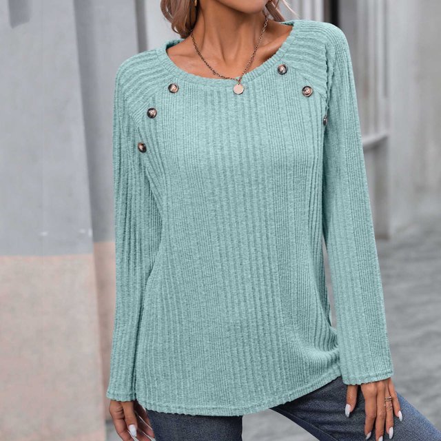 lcziwo Womens Blouses Trendy Ribbed Knit Button Sweaters Loose Fit Long Sleeve Crewneck Pullover 2024 Fall Solid Color Basic Tee Shirts Green,XXL