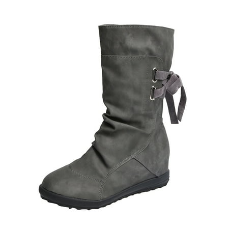 

NICEXMAS Grey Fashion Boots Lady Hidden Wedge High Shoes Buckle Boots with Lace Up Back Strap for Women Autumn Winter- Size 37