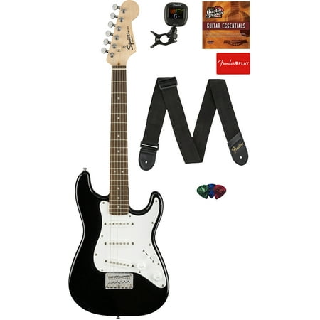 Fender Squier Mini Strat Electric Guitar Bundle with Tuner, Strap, Picks, Austin Bazaar Instructional DVD and Polishing Cloth, Black
