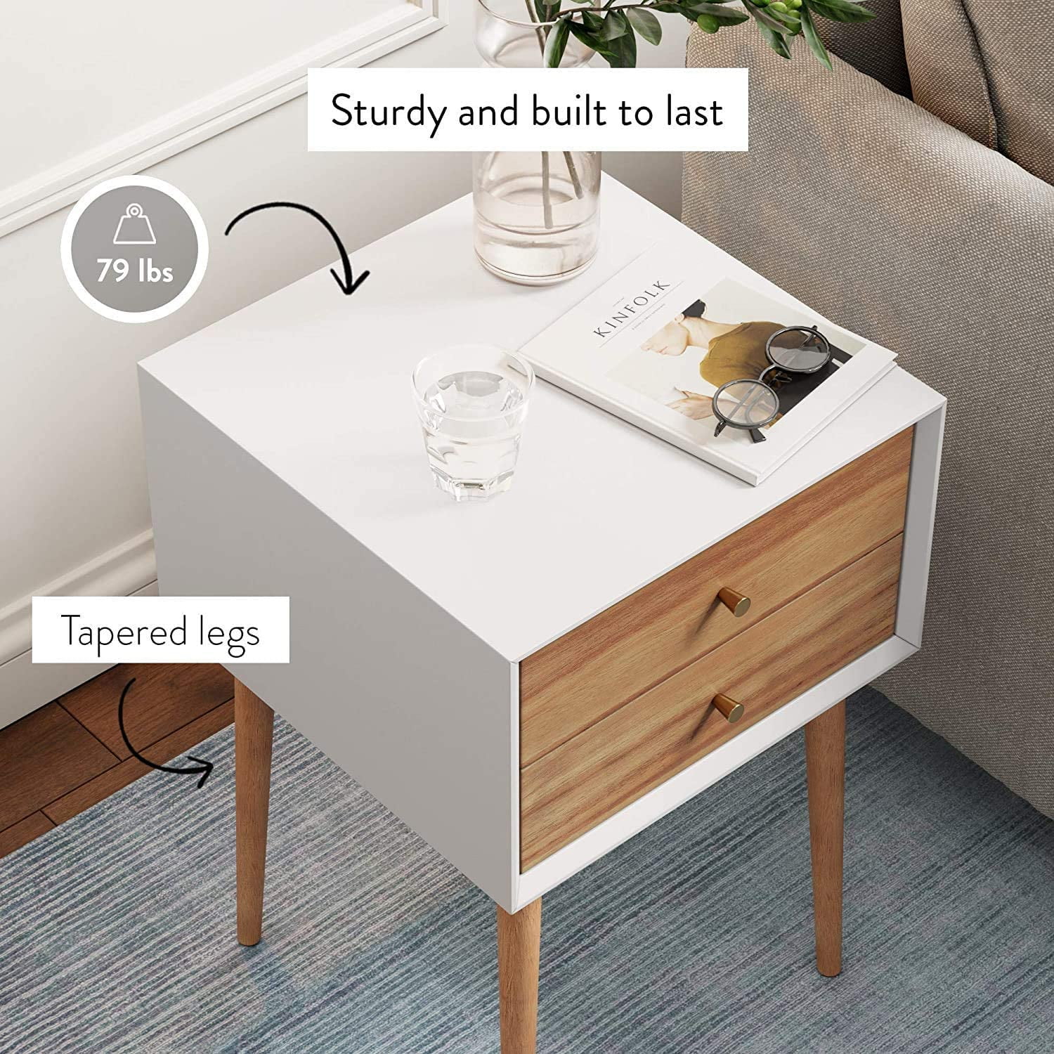 Giantex End Side Table Nightstand with Storage Drawer and Shelf, Wood Nightstand with 2-Drawers, Solid Wood Legs Living Room Bedroom Furniture