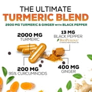 Turmeric Curcumin Supplement - 2000mg Organic Turmeric Per Serving - 95% Curcuminoids, Ginger & BioPerine Black Pepper for Best Absorption - Natural Vegan Joint Support, Bottled in USA - 60 Capsules