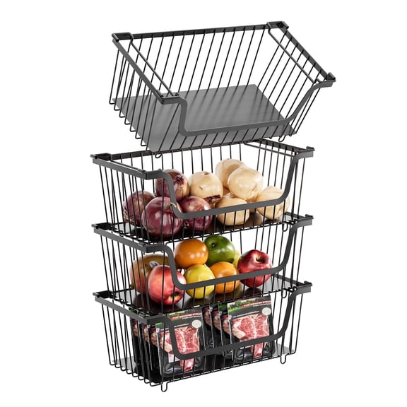 SEENWUUN Stackable Wire Fruit Baskets, Large Capacity, 4 Pack, Pantry Organizer for Kitchen Counter, Cabinet Storage for Potatoes, Onions and Snacks