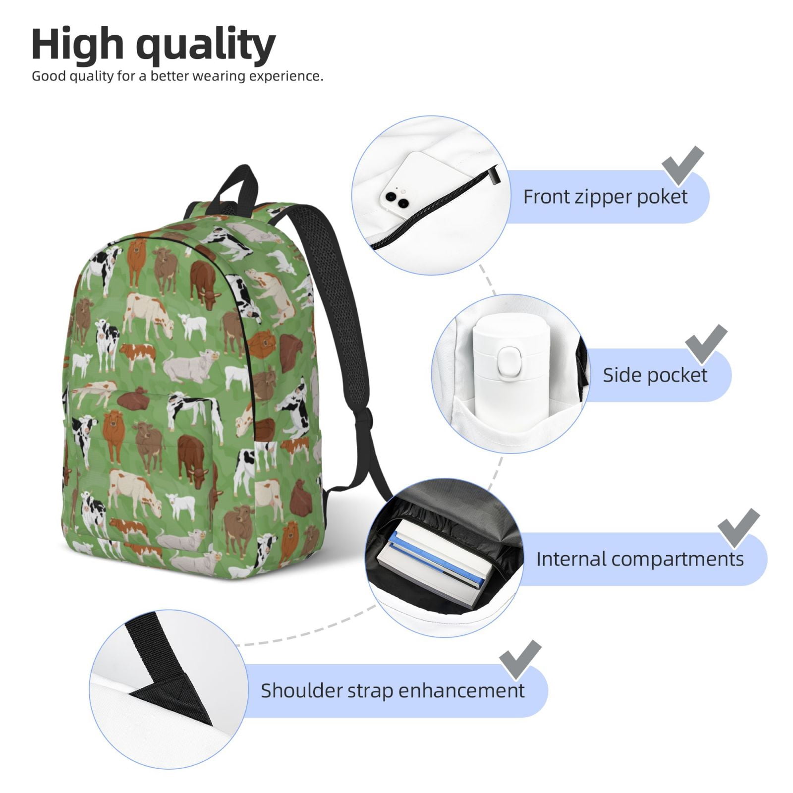 Vsdgher Cows And Calves Print Canvas Backpack Travel Rucksack Unisex Knapsack 15.7/17.7Inch Laptop Backpack for Work,College -Small