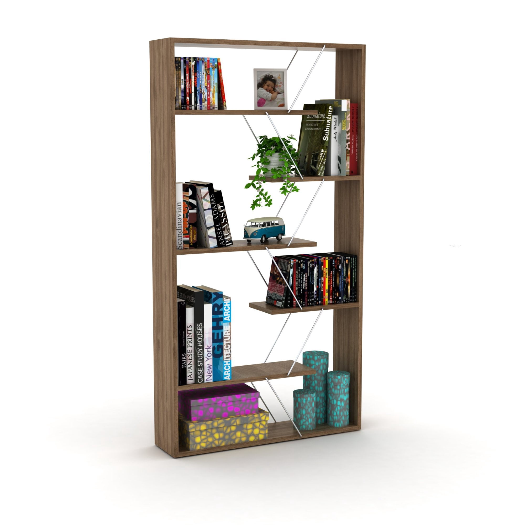 ZHAOXIXING Furniture Wood Frame Etagere Open Back 6-Shelf Bookcase, Walnut/Chrome