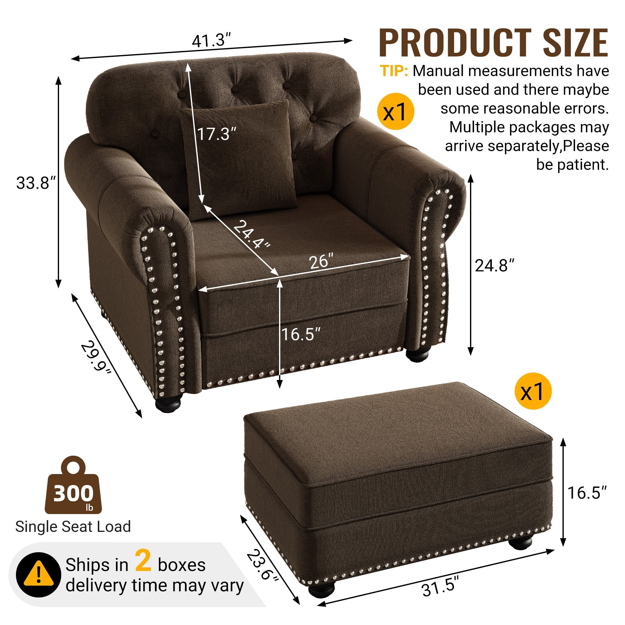 DEALTOPS 41.3 Inch Reversible Chesterfield Velvet Accent Chair with Ottoman, Tufted Nailhead Trim, Brown