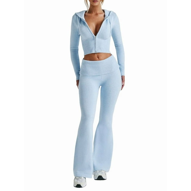 Conjunto de Dos Piezas de Punto para Mujer: Suéter de Larga con Cremallera, Sudadera Corta con Capucha y Pantalón Acampanado. Azul L