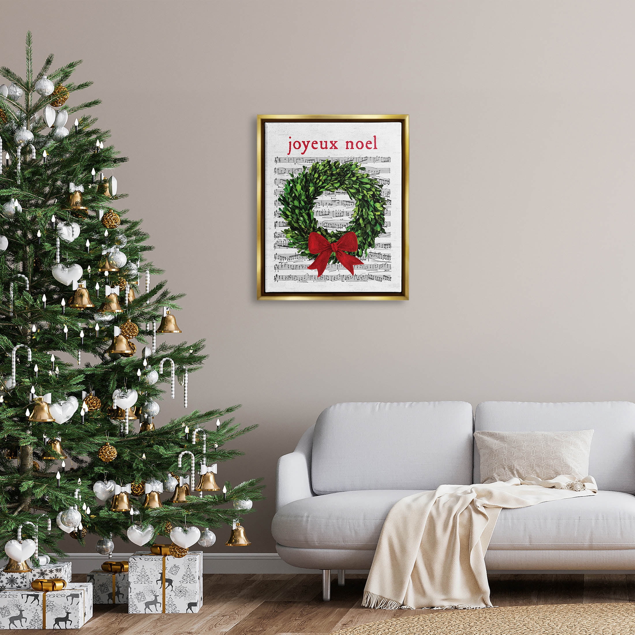 Stupell Industries Joyeux Noel Vintage Song Graphic Art Metallic Gold Floating Framed Canvas Print Wall Art, Design by Lettered and Lined