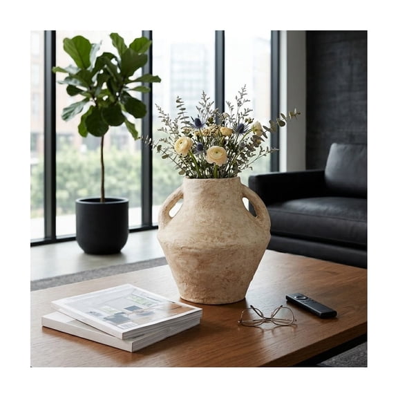 Two-Handled Vase for Living Room Decor - Handmade Pottery Paper Mache Flower Vase for Bedroom Vanity, House, and Office Decor - Boho Style Home Display for Table or Shelf Accent - 15", White