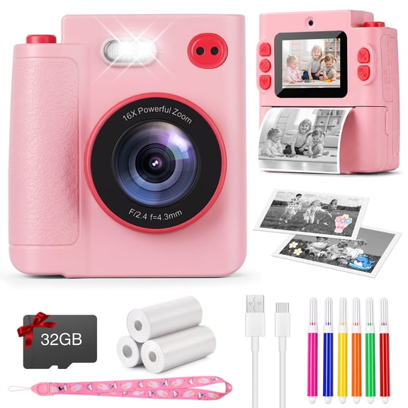 Yexmas Kids Camera Instant Print,Dual-Lens Digital Toys Cameras Gifts with 1080P HD Video&32GB Card for Girls Boys,,Pink