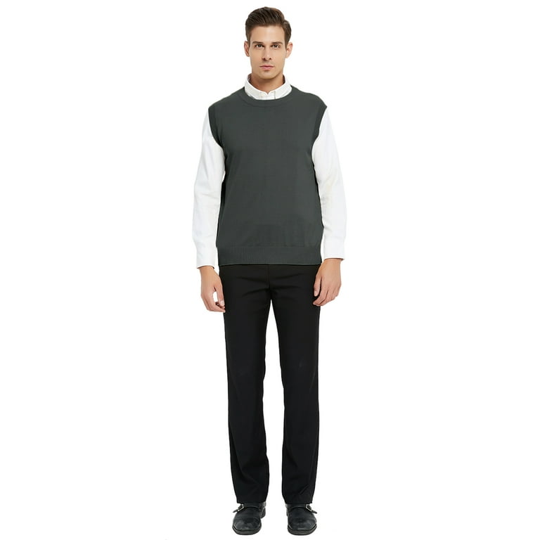 Toptie Men's 100% Cotton Knit Sweater Vest, Crew Neck Solid Color
