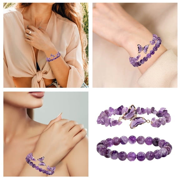 Amethyst Bracelet For Women Stone Beaded Jewelry Layered Charm Anxiety For Her 2PCS