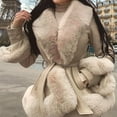 thumbnail image 5 of Women'S Faux Leather Jacket with Faux Fur Collar, Winter Long Sleeve Furry Trim Peplum Parka Coat with Belt Beige M, 5 of 9