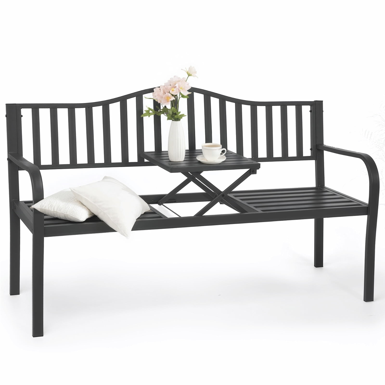 Naipo Outdoor Metal Garden Bench 59" Patio Bench with Built in Table Park Bench, Outside Bench Weather Proof Front Porch Bench, 500lbs