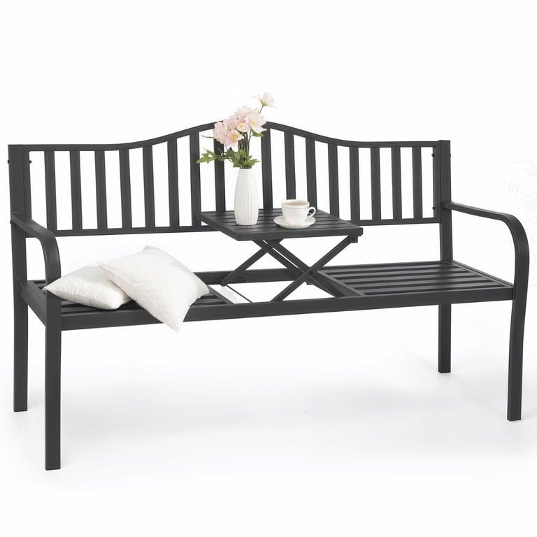 Naipo 59-Inch Metal Garden Bench with Built-In Table, Gray photo 1