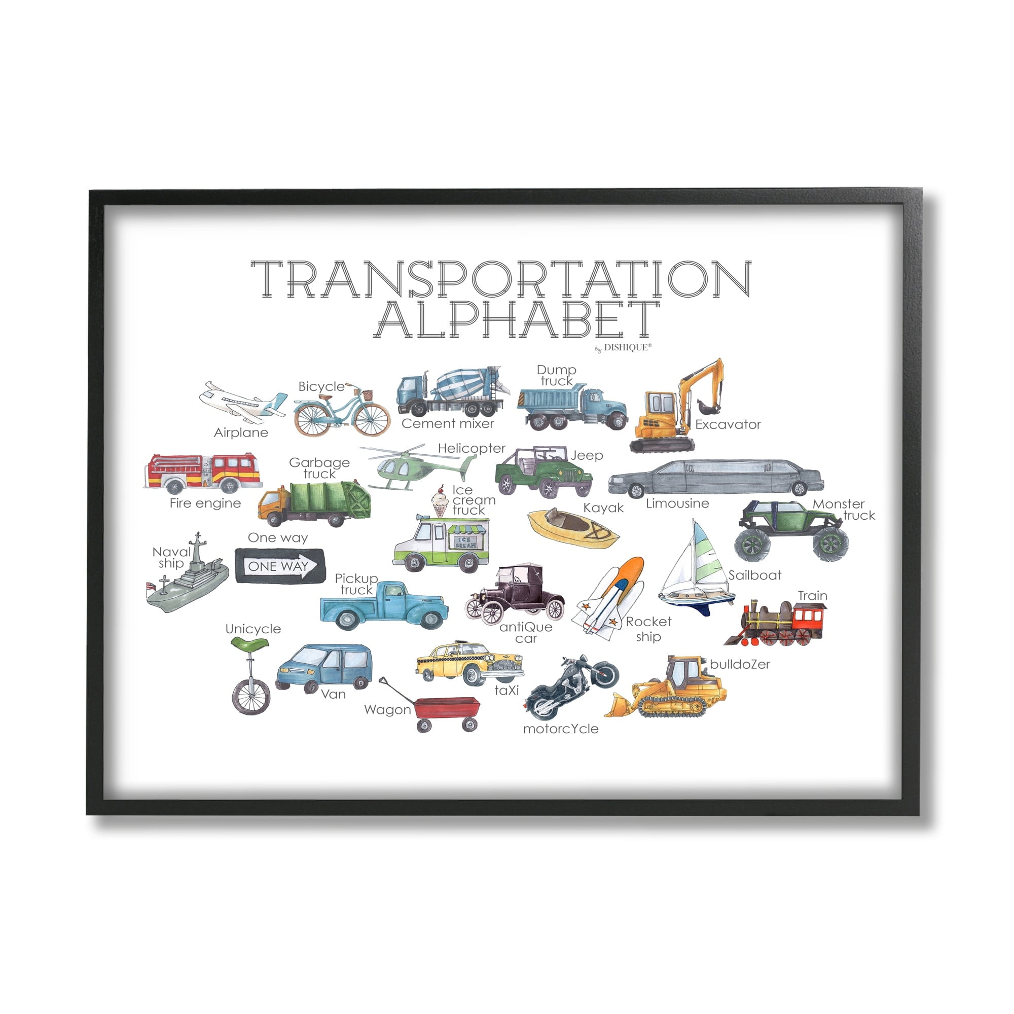 Stupell Industries Educational Transportation Alphabet Kids Learning Vehicles Cars Graphic Art Black Framed Art Print Wall Art, Design by Dishique
