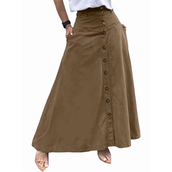Women Button Down Maxi Skirts High Waist A-Line Pleated Long Skirts with Pockets Brown S