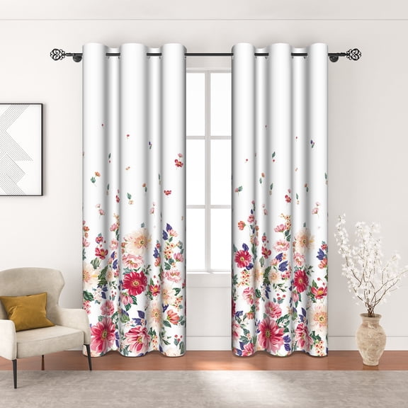 MIZHONA Floral Blackout Curtains for Living Room Red and White Floral Window Curtain Set of 2,42"x84"